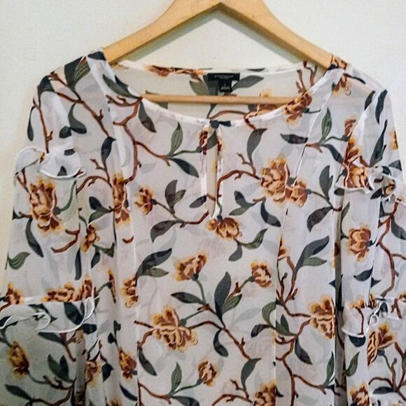 Ann Taylor Factory Floral Sheer Popover-Small-Chiffon-Keyhole Front-Ruffles - Picture 2 of 9